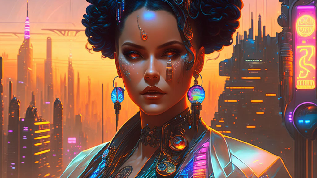 Futuristic woman with cybernetic enhancements and tattoos in neon-lit cityscape