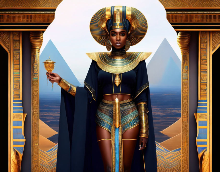 Ancient Egyptian costume with headdress and scepter against pyramid backdrop