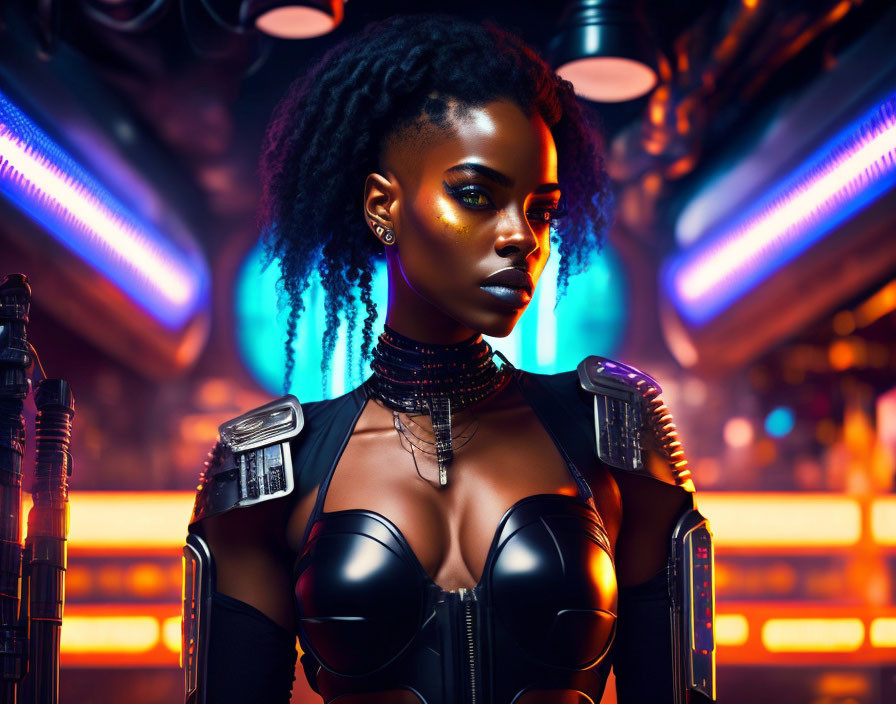 Futuristic woman with braided hair in cybernetic armor under neon lights