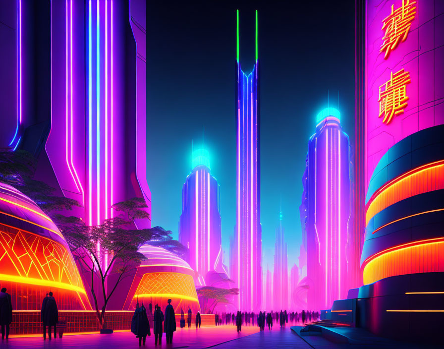 Futuristic cityscape at dusk with neon lights and skyscrapers