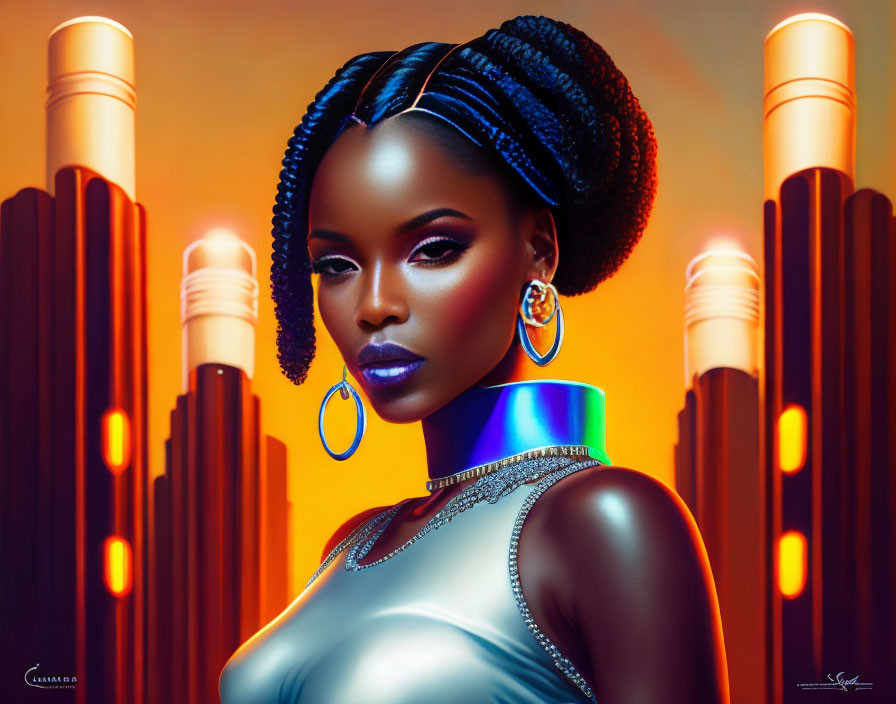 Digital artwork: Woman with blue braided hair in futuristic silver outfit on orange backdrop