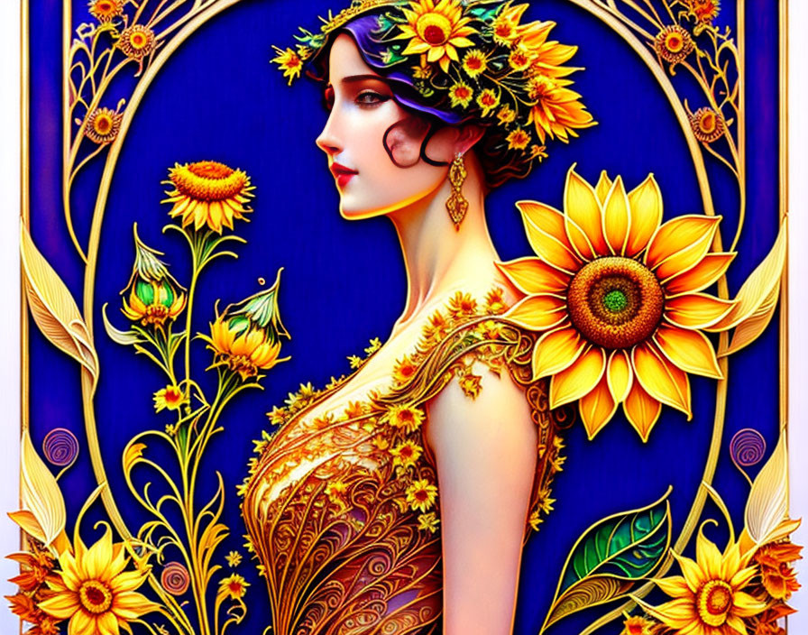 Woman profile with sunflowers in hair and dress on blue background