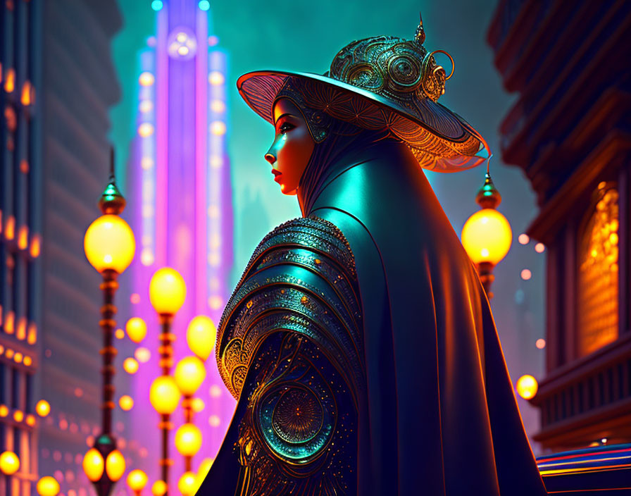 Stylized woman in futuristic cityscape with orbs and neon lights