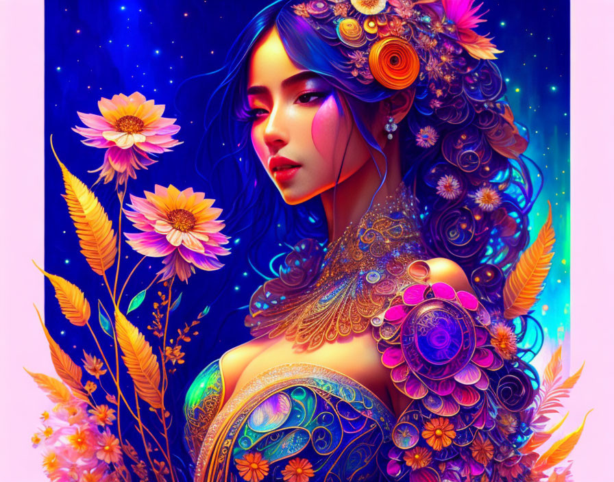 Colorful Woman Illustration with Floral Motifs on Starry Night Background