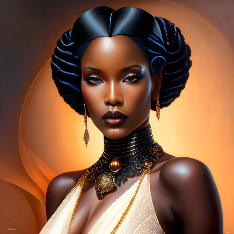 Digital artwork: Woman with elaborate hairstyles and gold jewelry on warm background