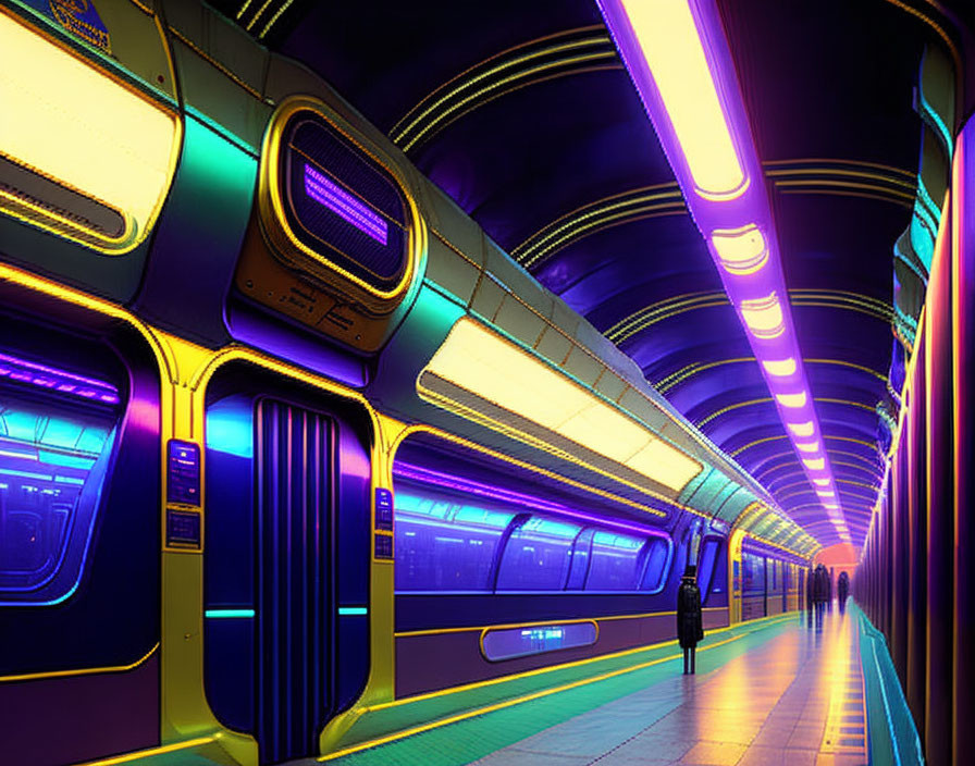 Modern subway station with neon lights and lone figure on platform