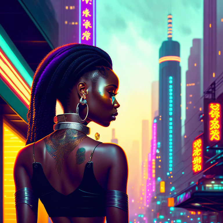 Braided hair woman with back tattoo in futuristic cityscape at dusk