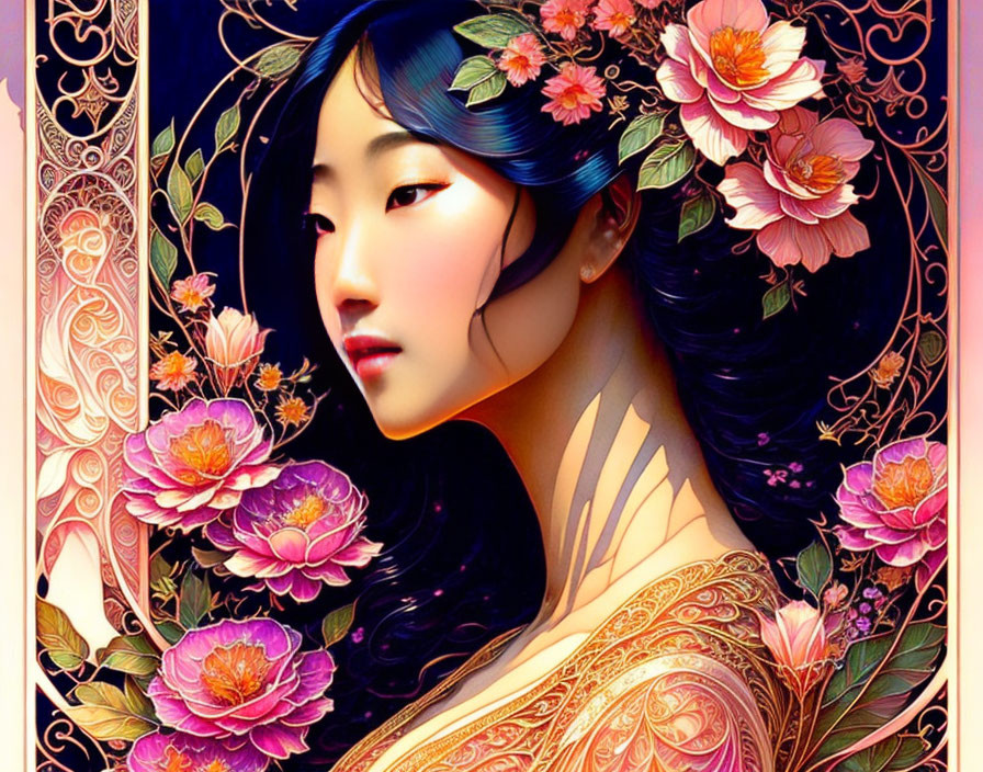 Asian-inspired woman portrait adorned with vibrant flowers and golden patterns