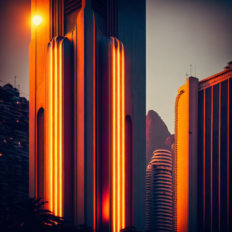 Modern skyscrapers glowing at sunset against dusky sky