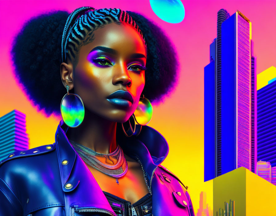 Colorful portrait of woman with bold makeup in futuristic cityscape.