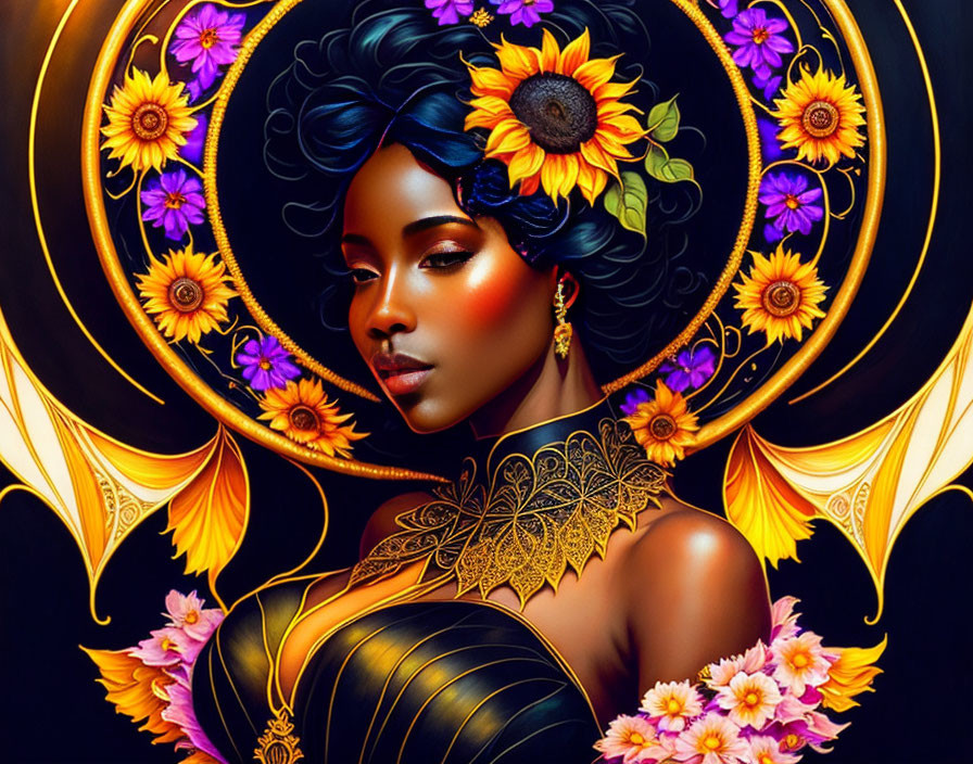 Digital illustration: Woman with dark hair, vibrant flower adornments, gold lace patterns, glowing floral halo