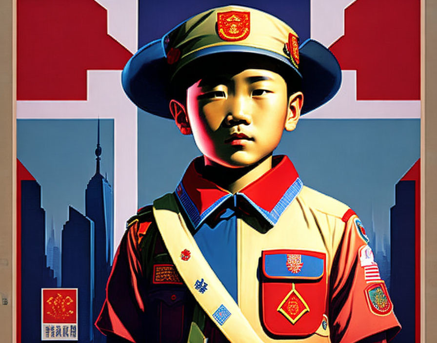 Colorful Military-Style Uniform Boy with Badges on Emblematic Background