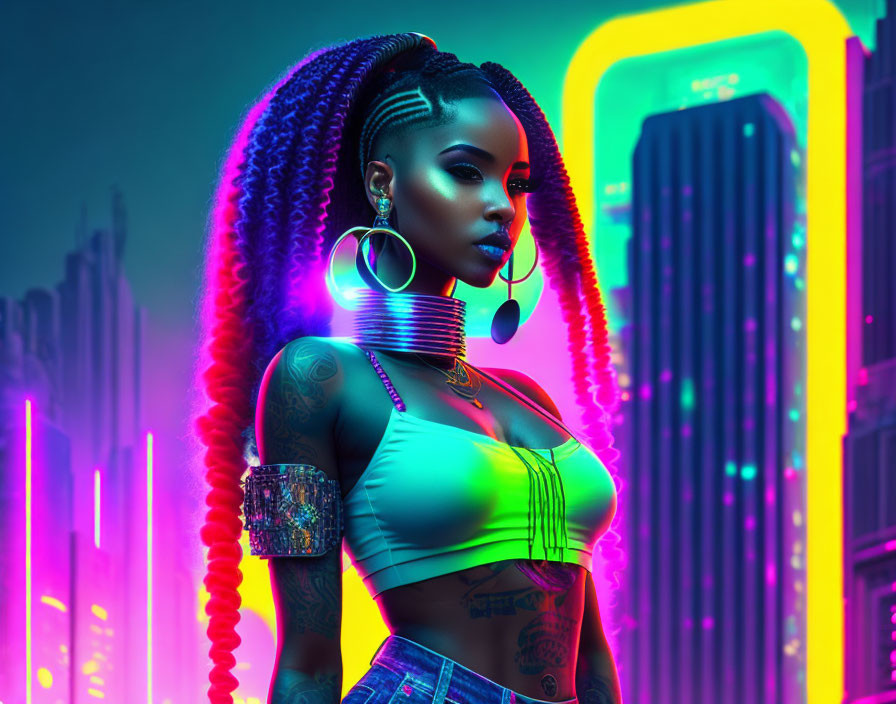 Colorful woman with neon lighting, braids, tattoos, and jewelry in futuristic cityscape