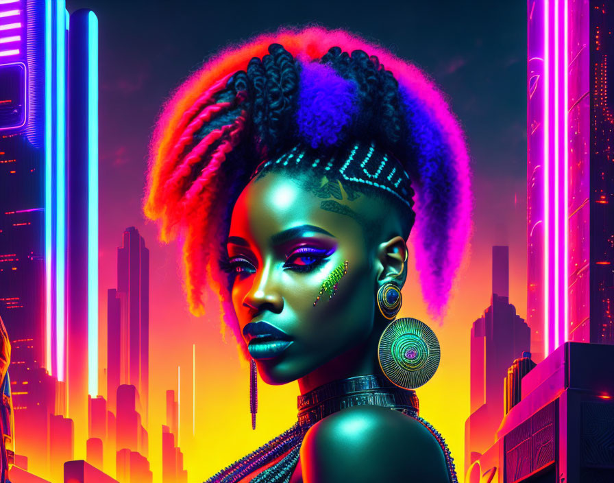 Colorful Cyberpunk Portrait: Woman with Neon Hair and Futuristic Makeup