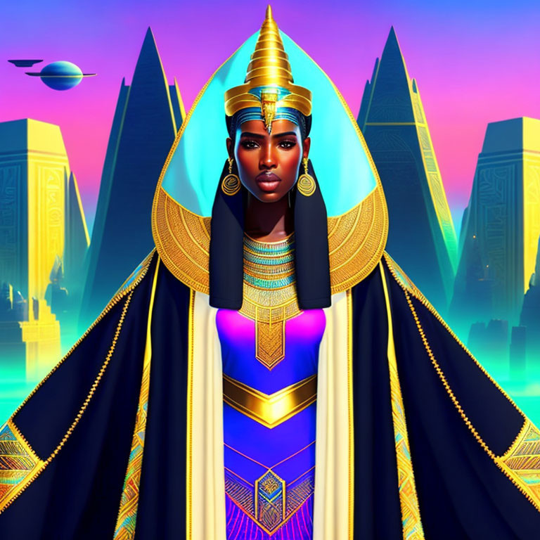 Regal woman with Egyptian headdress and gold jewelry in front of pyramids and futuristic elements under purple