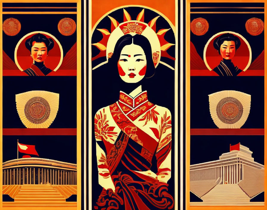 Triptych Illustration: Traditional Asian Attire and National Symbols