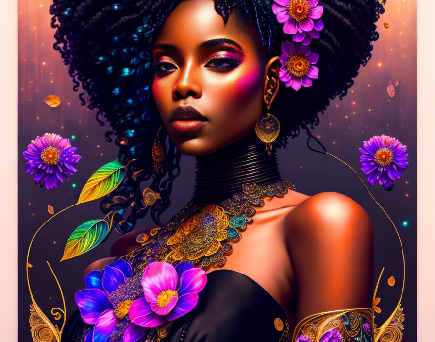 Ethereal woman with gold jewelry, vibrant makeup, and floral hair decor