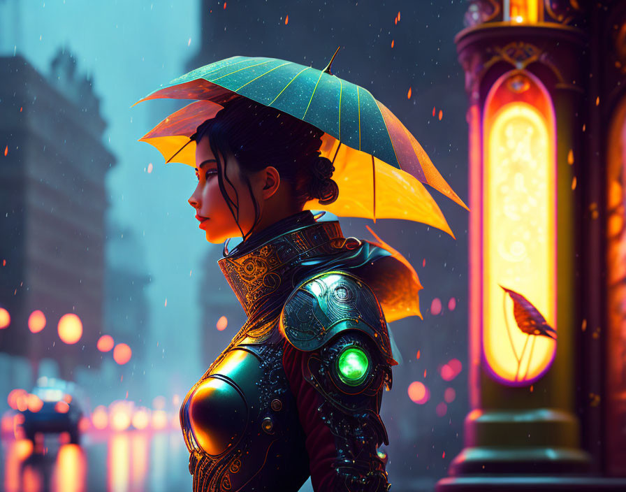 Futuristic armor woman with glowing yellow umbrella in rainy night