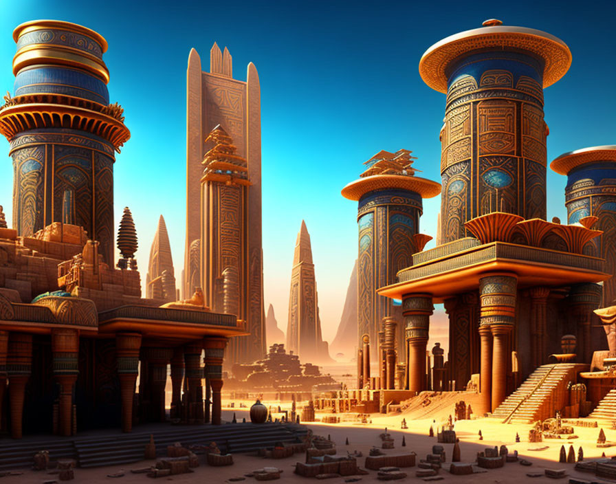 Ancient city with towering spires and intricate designs