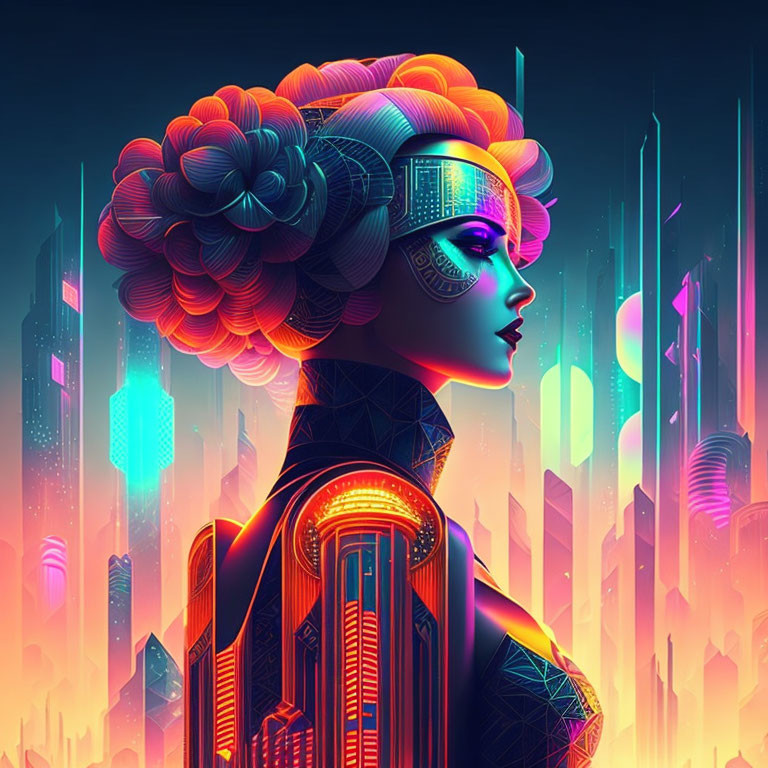 Female cyborg digital artwork with neon cityscape background & cybernetic elements