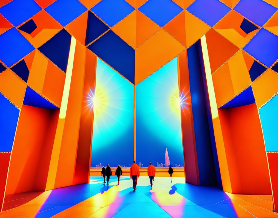 Colorful geometric corridor with blue & orange panels and silhouettes of people walking towards bright horizon