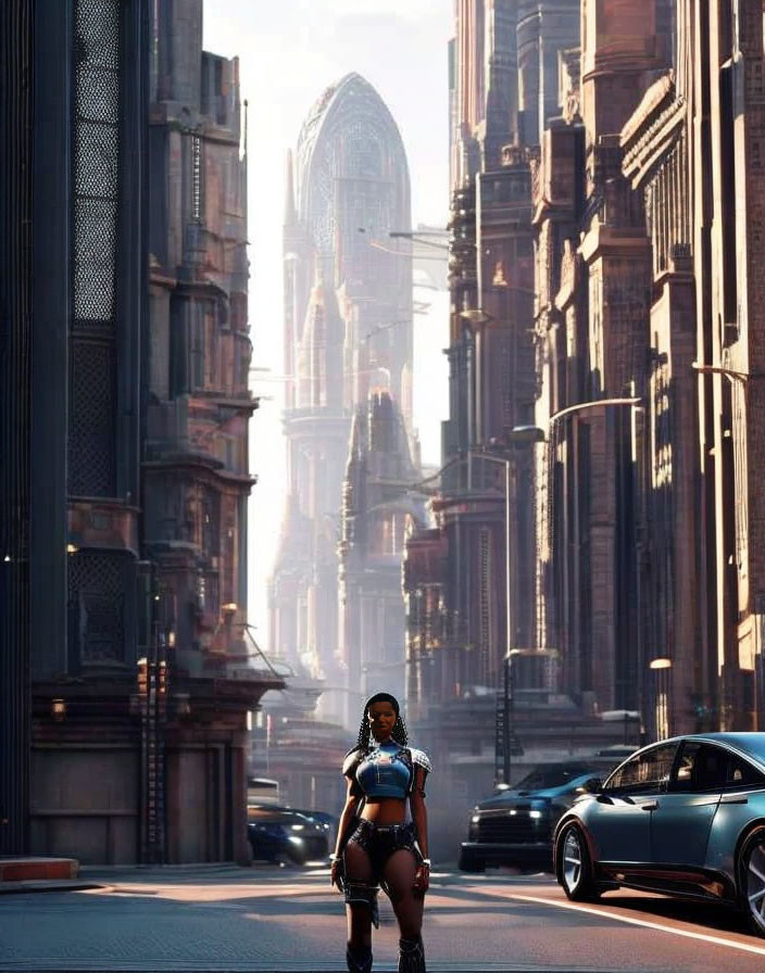 Futuristic armored woman in urban setting with tall buildings.