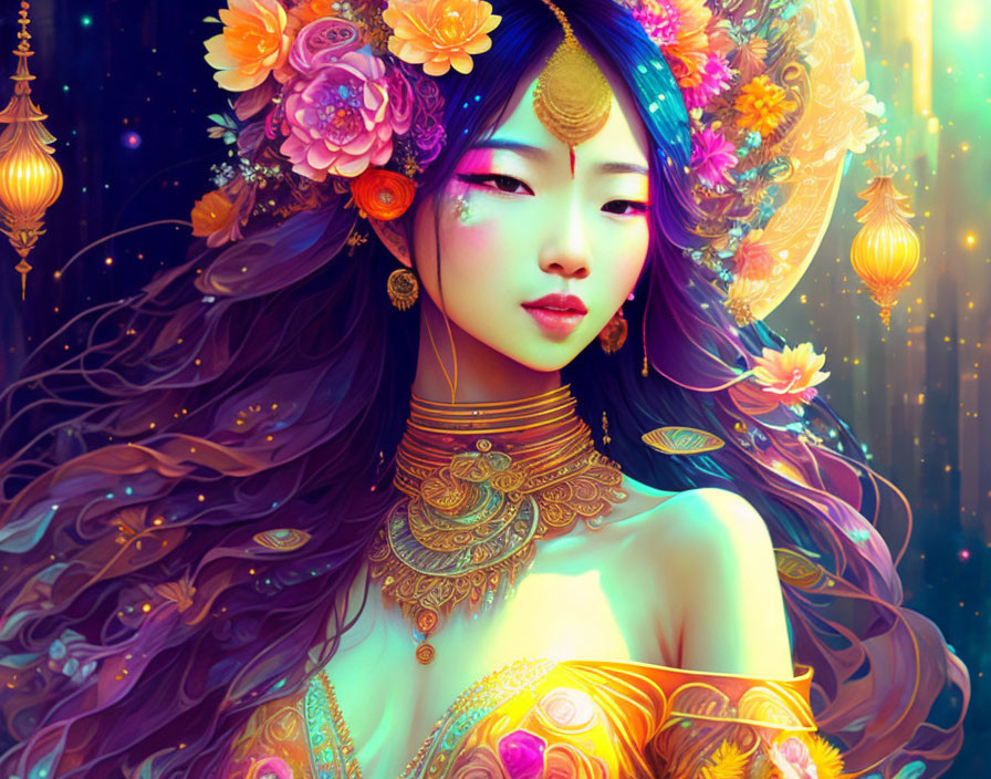 Illustrated woman with long hair, flowers, and gold jewelry on starry background