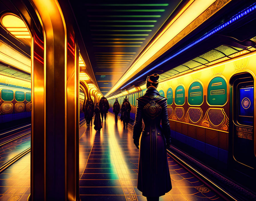 Person in trench coat at vibrant futuristic subway station