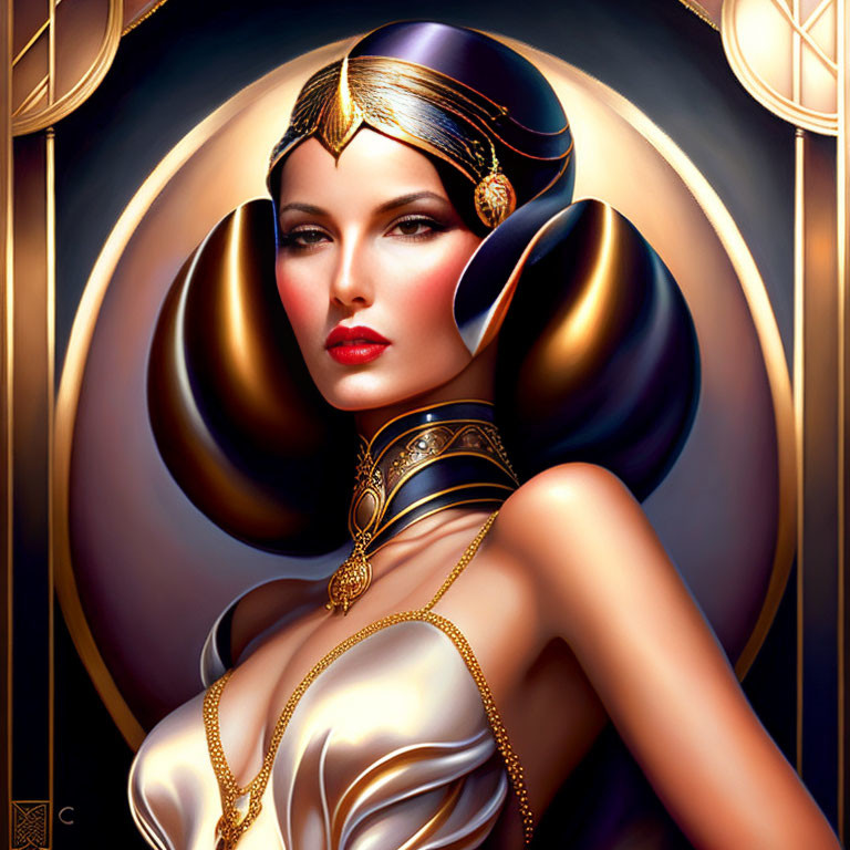 Woman portrait in art deco style with sleek hair, golden headpiece, circular earrings, and white gown