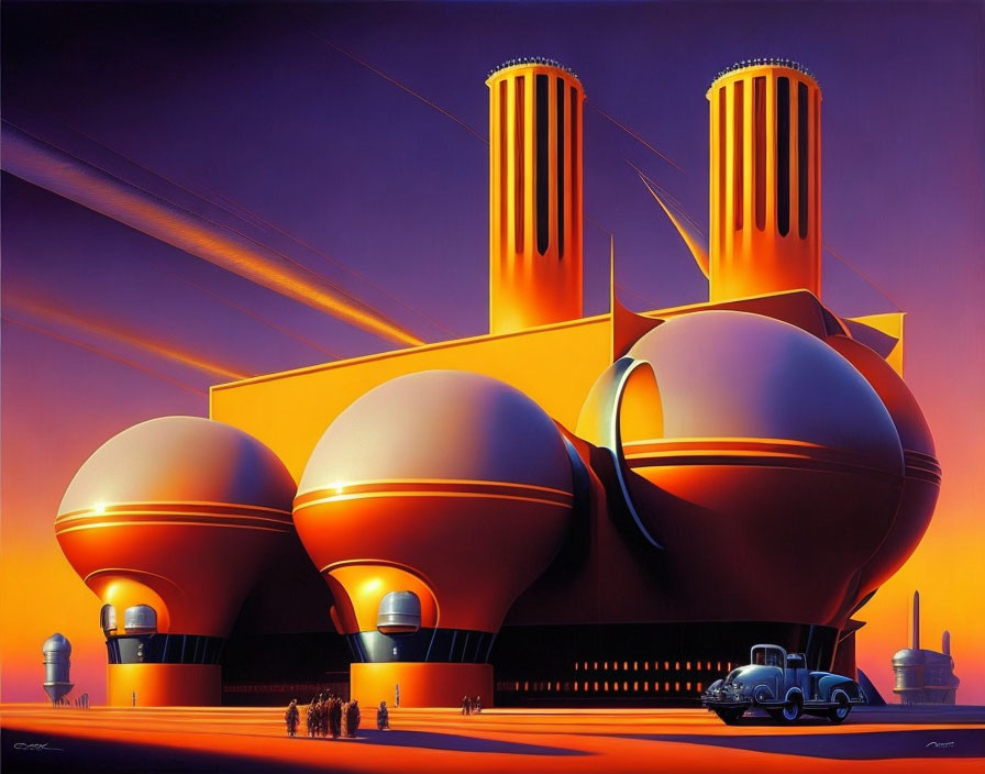 Retro-futuristic art deco industrial complex with spherical structures and classic car