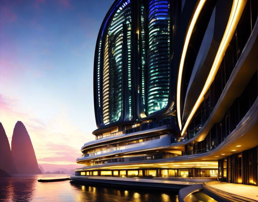 Futuristic waterfront skyscraper with curved balconies and glass facades at dusk