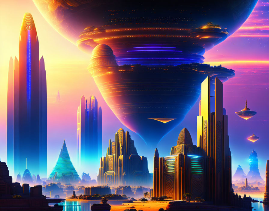 Futuristic cityscape with skyscrapers and flying saucers at dusk