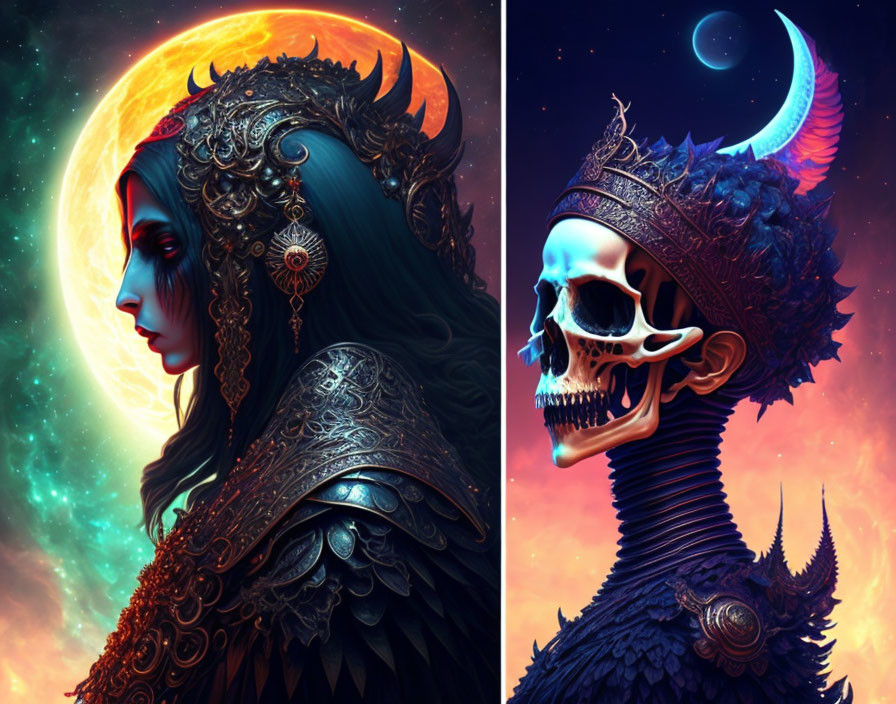 Dual artistic portraits: woman with ornate headgear under moon, skeleton with crown in cosmic setting.