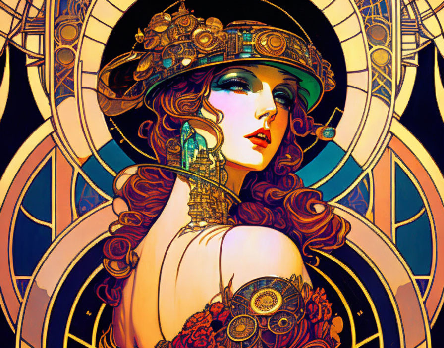 Steampunk-themed woman illustration with gear accessories in art nouveau setting