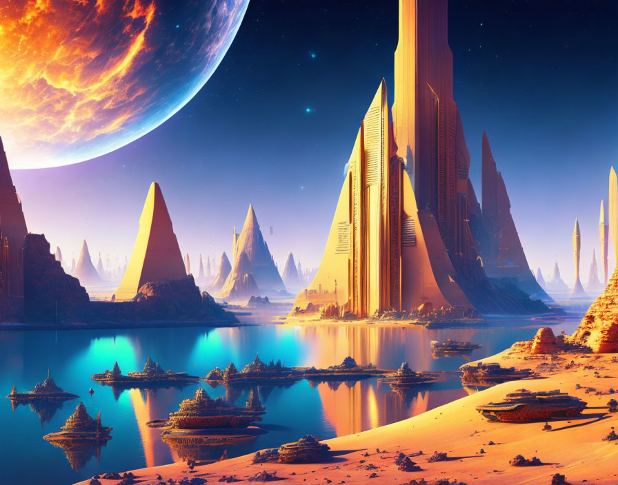 Futuristic cityscape with towering spires by serene lake and alien sky