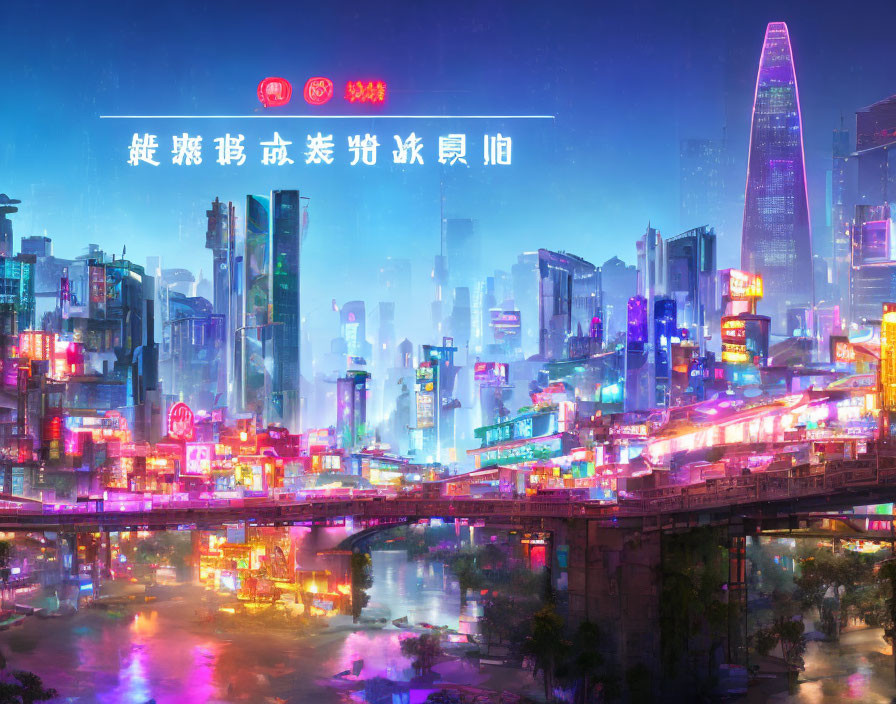 Futuristic neon-lit cityscape with glowing skyscrapers and river reflections