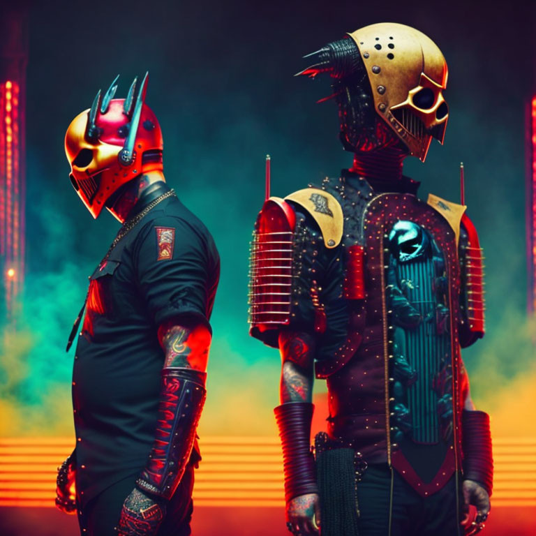 Futuristic armored costumes with horned helmets in neon-lit setting