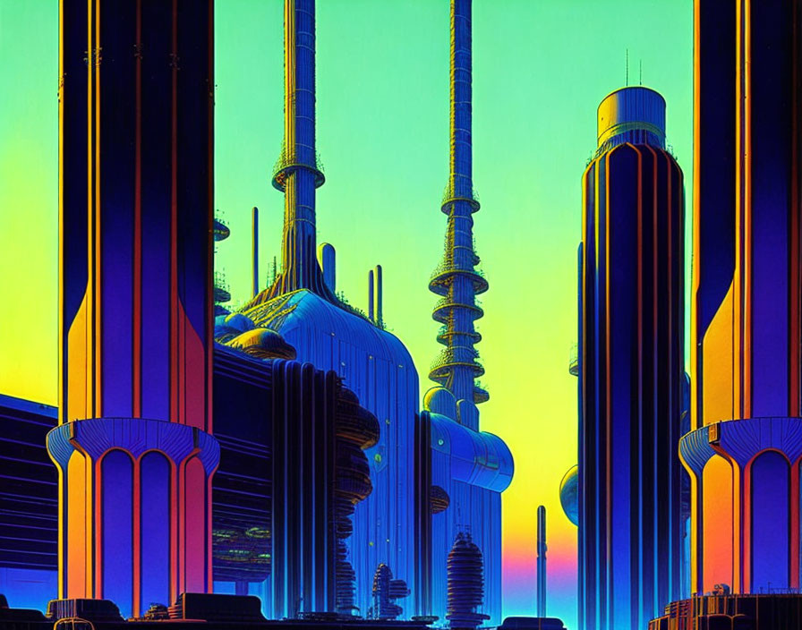 Futuristic cityscape with towering skyscrapers at sunset