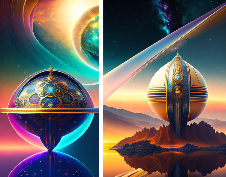 Surreal landscapes with ornate spherical structures and alien skies