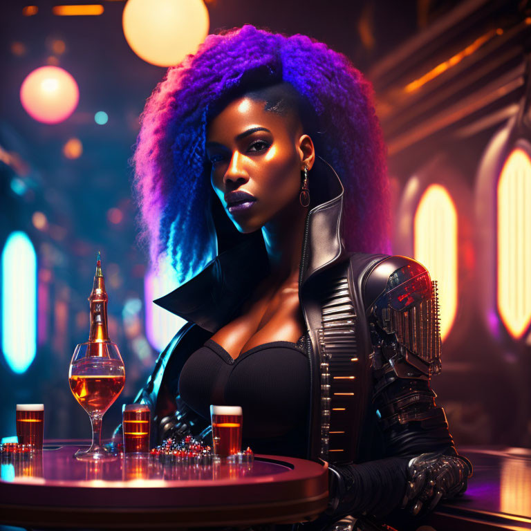 Vibrant purple-haired woman in futuristic attire at a bar with glowing lights, drink, and casino