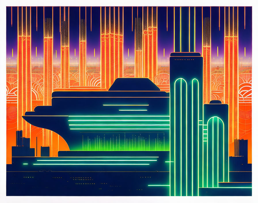 Futuristic cityscape with neon skyscrapers on orange background