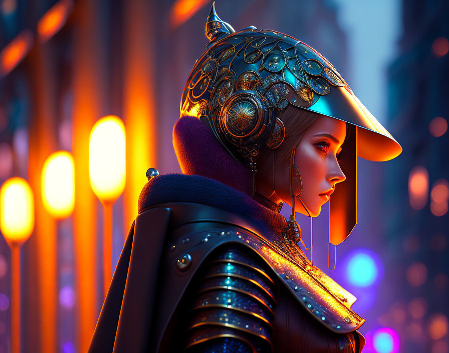 Futuristic armor woman in intricate design on neon-lit urban backdrop