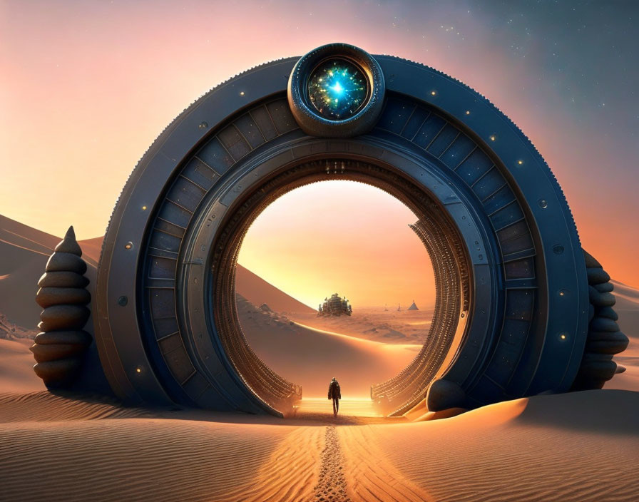 Circular futuristic portal in desert with star-filled orb and solitary figure under orange sky