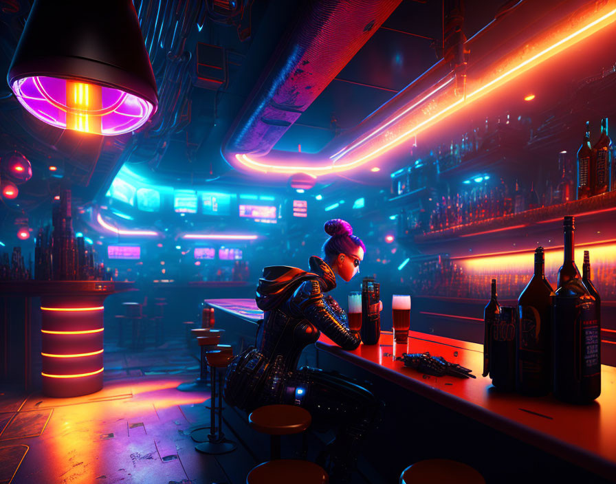 Futuristic neon-lit bar with cyberpunk-themed decor