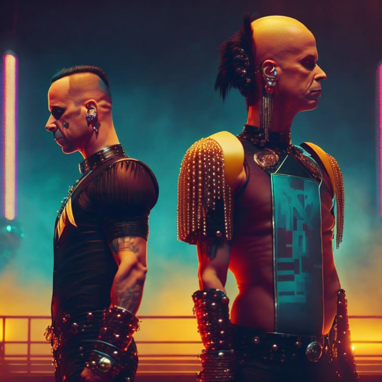 Punk-inspired fashion and mohawk hairstyles in neon-lit setting