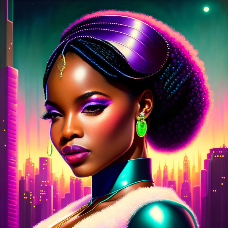 Futuristic portrait of woman with glowing makeup and braided hair