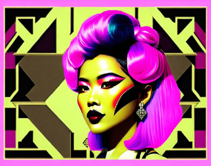 Vivid Purple and Pink Hair Woman Digital Artwork on Yellow Geometric Background