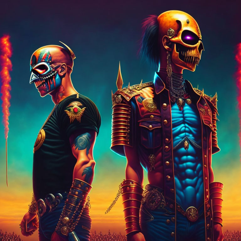 Cyberpunk Style Skeletons with Skull Face Paint in Fiery Rocket Scene