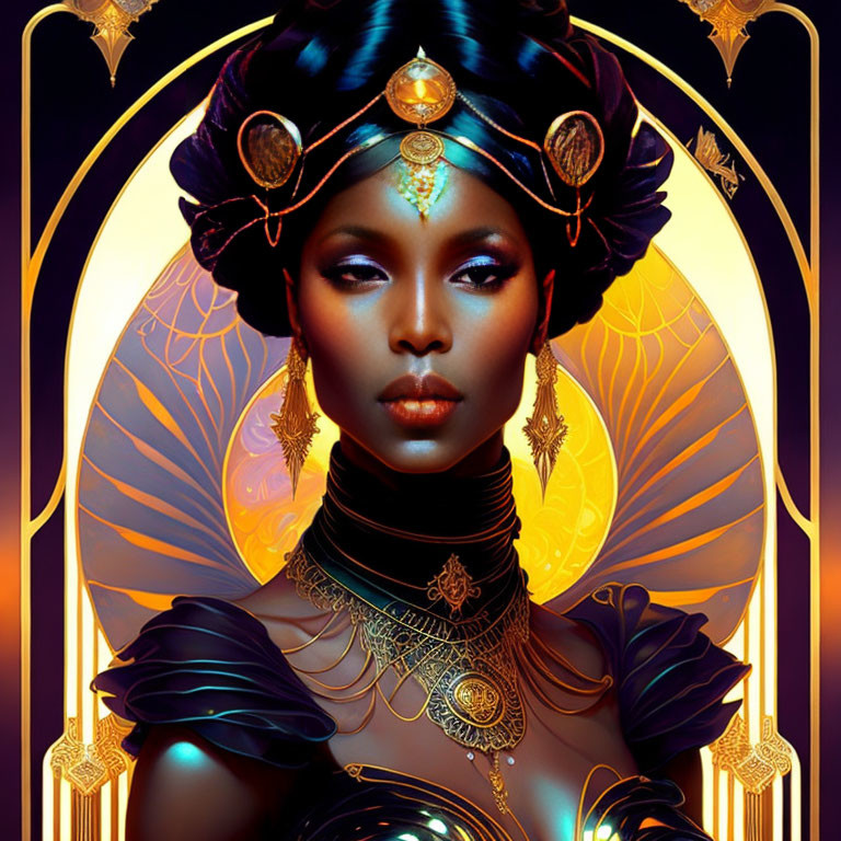 Dark-skinned woman adorned in gold jewelry and headdress on art nouveau background.