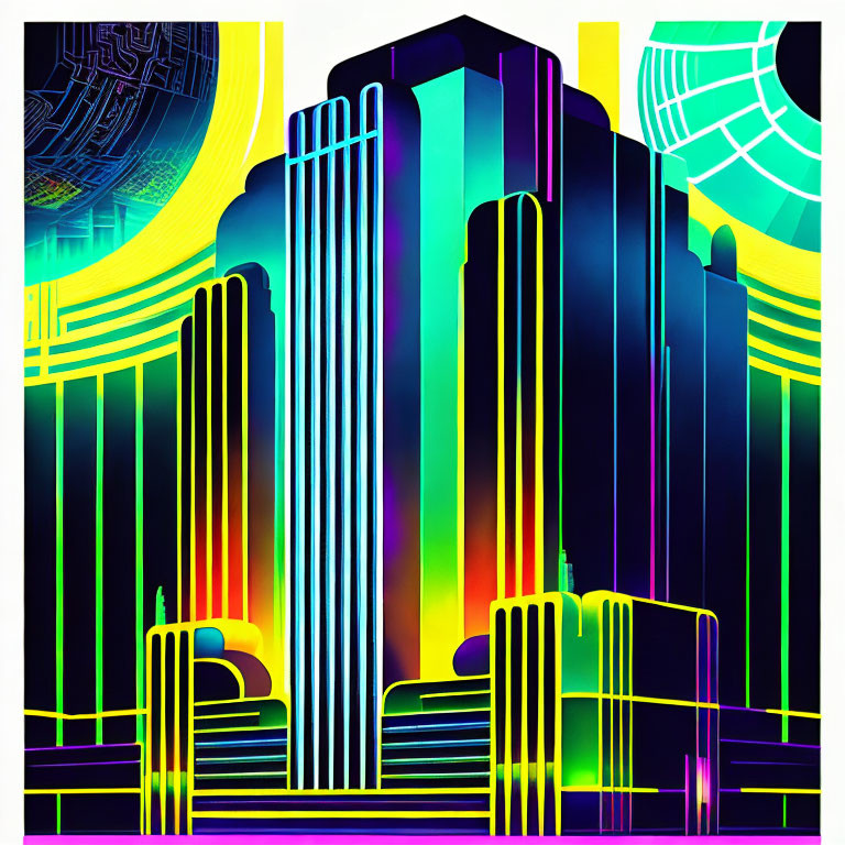 Futuristic neon-lit skyscrapers with abstract geometric patterns